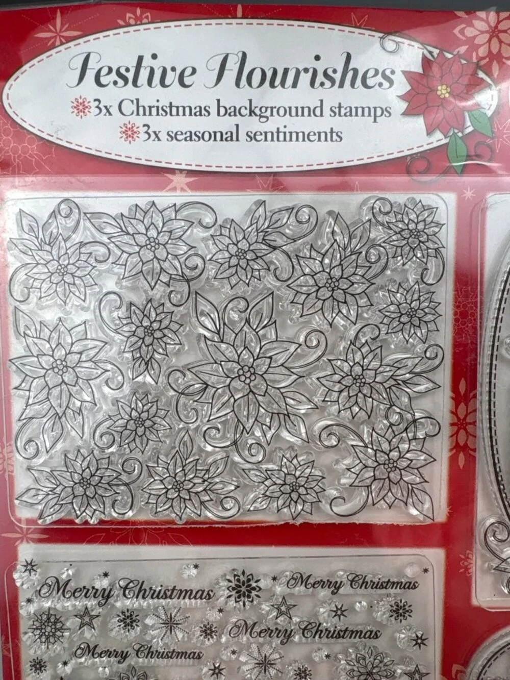 Festive Flourishes 3X Christmas Clear Cling Stamps Merry Sentiments & Patterns
